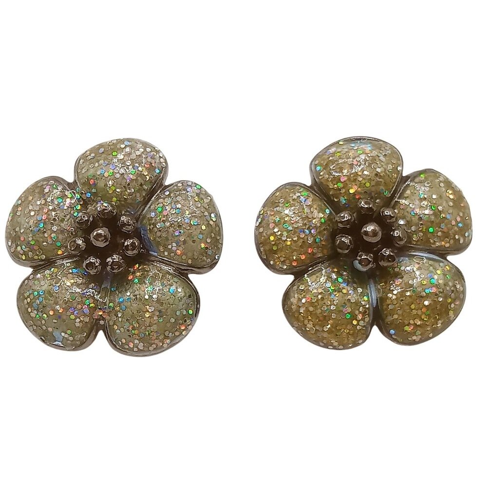 Vintage Flower Design Earrings Greenish Glittery Stud Pierced Ear Earrings 1"